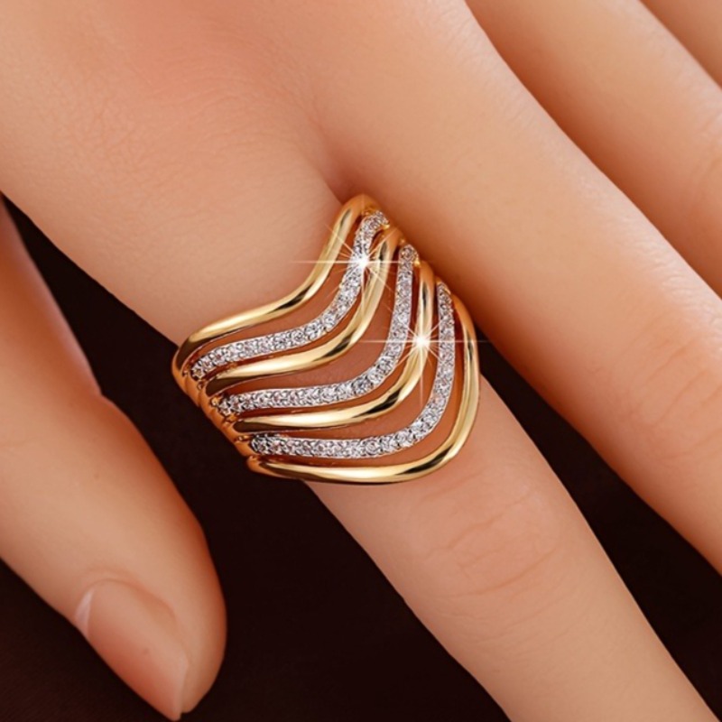 Women's Multi-Layer V-Shaped Synthetic Zirconia Wide Ring, Luxury